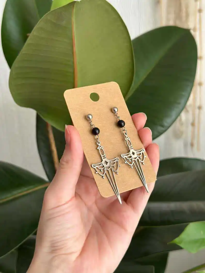 Hollow sword earrings, engraved design, silver color, brass, black beads, mysterious, sword of Kriss, goddess,ear hook for women