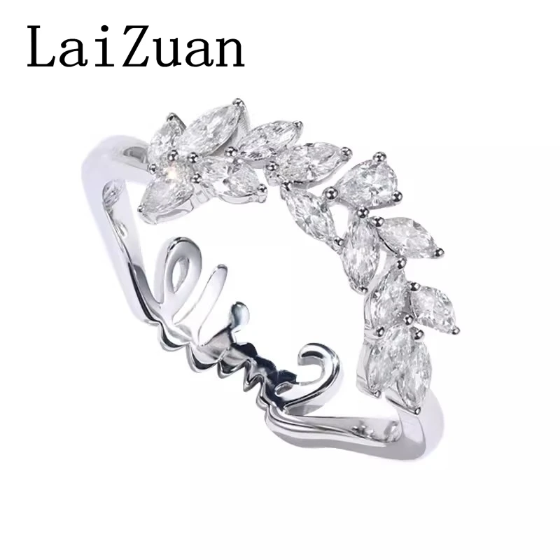 LaiZuan Solid 18K au750 White Gold Curved Natural Diamond Ring Unique Marquise Cut Diamond Bridal Stacking Matching Promise Gift