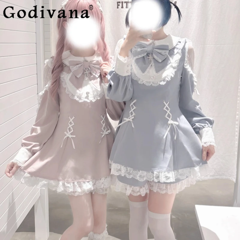 

Japanese Mass-Produced Lolita Dress Set Spring and Autumn New Girl's Slim Fit Sweet Lolita Long Sleeve Dress Shorts 2-Piece Set