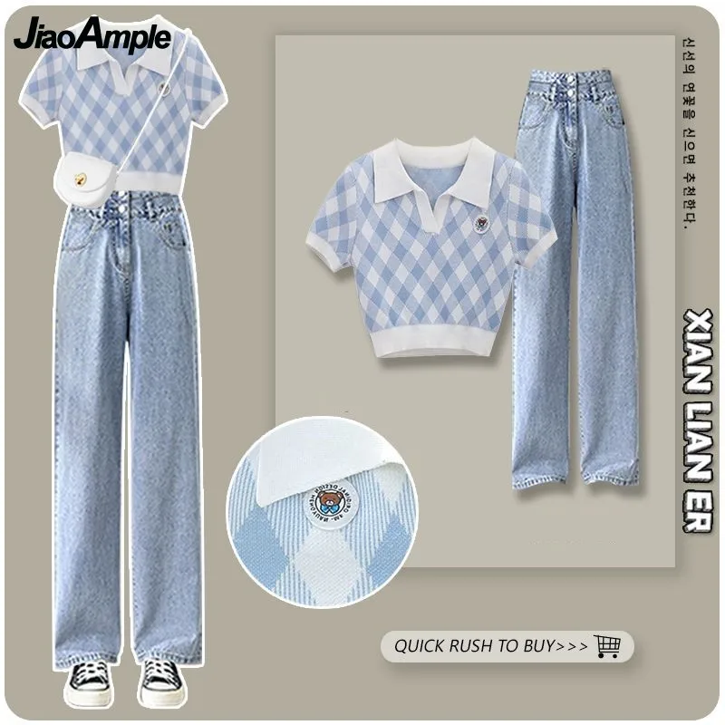 Women's Summer Checkered Short Sleeve Top+Casual Jeans Two Piece 2023 New Matching Set Korean Chic Polo Blouse Denim Pants Suit