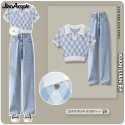 Verão das mulheres Checkered Top de Manga Curta + Casual Jeans Duas Peças 2023 Novo Conjunto de Correspondência Coreano Chic Polo Blusa Denim Pants Suit