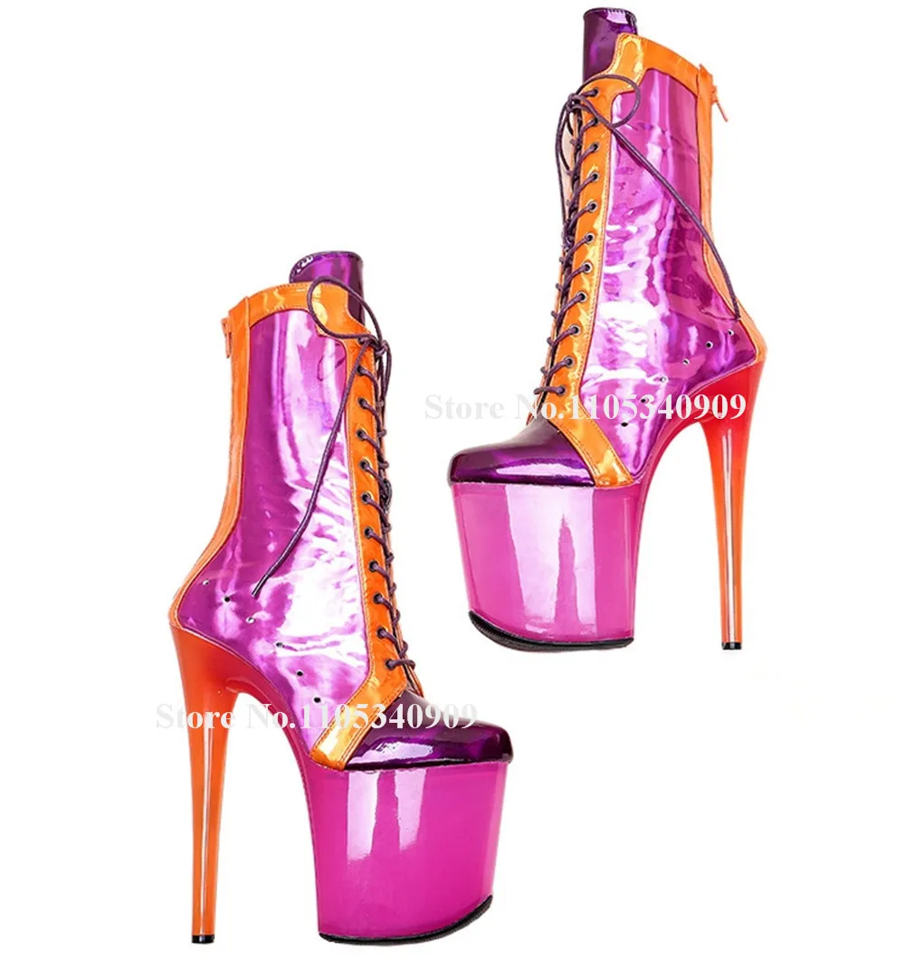 

Bondarenko Pink Orange Metallic Patent Leather Thin Heel Short Boots Round Toe Lace-up High Platform 20cm Stiletto Dance Shoes