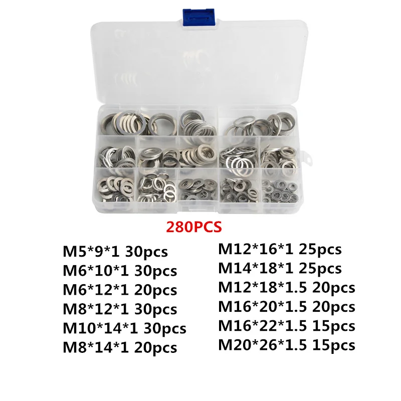 

200/280Pcs Aluminum Gaskets Washers M5-M14 Gasket Flat Metal Washer Gasket Aluminum Sealing Rings Assorted set