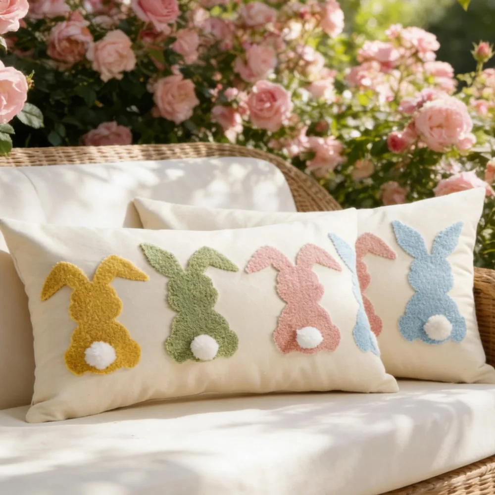 1/2pcs Multicolor Pillowcase Easter Spring Rabbit Embroidered Decorative Throw Pillow Covers Tufted Patterned Linen Cushion Case