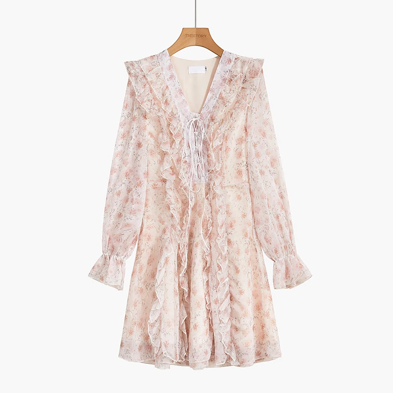 Pink Dress Women's 2022 New V-neck Ruffle Gentle Wind Design Sense Of Niche Long Sleeve Floral Dresses For Women