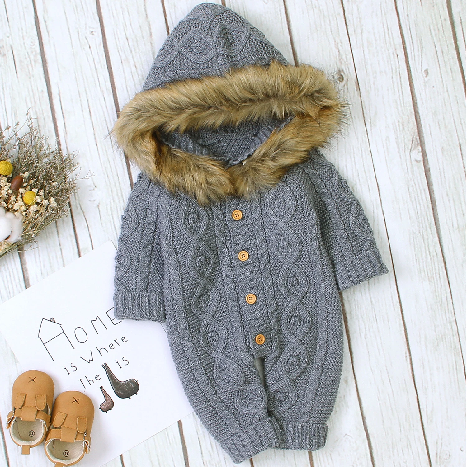 Baby Fur Collar Knitted Hooded Romper Jumpsuit Outfits Infant Long Sleeve Sweater Autumn Winter Newborn Christmas Costume