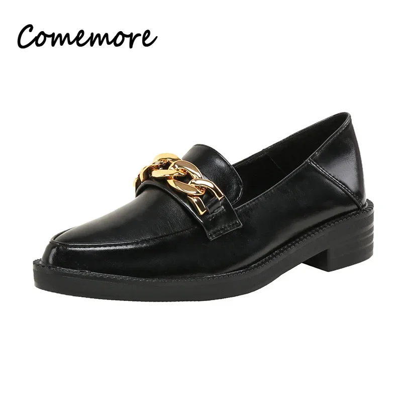 luxury Plus Size 42 Oxford Shoes Woman Loafers 2024 Leather Flats Chains Sneakers Trend Girls Lolita Medium Heels Flats Spring