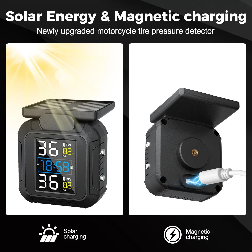 

Temperature Alarm Real Time Solar Power With 2 External Sensors Tire Pressure Monitoring System Motorcycle TPMS