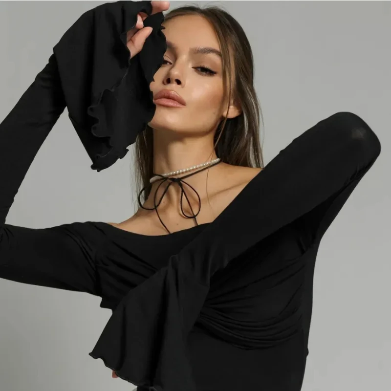 Autumn Pure Color Sexy Off Shoulder Slim Fit Fold Bow Frill Trumpet Sleeve Long Sleeved T-shirt Temperament Top Women's Clothing