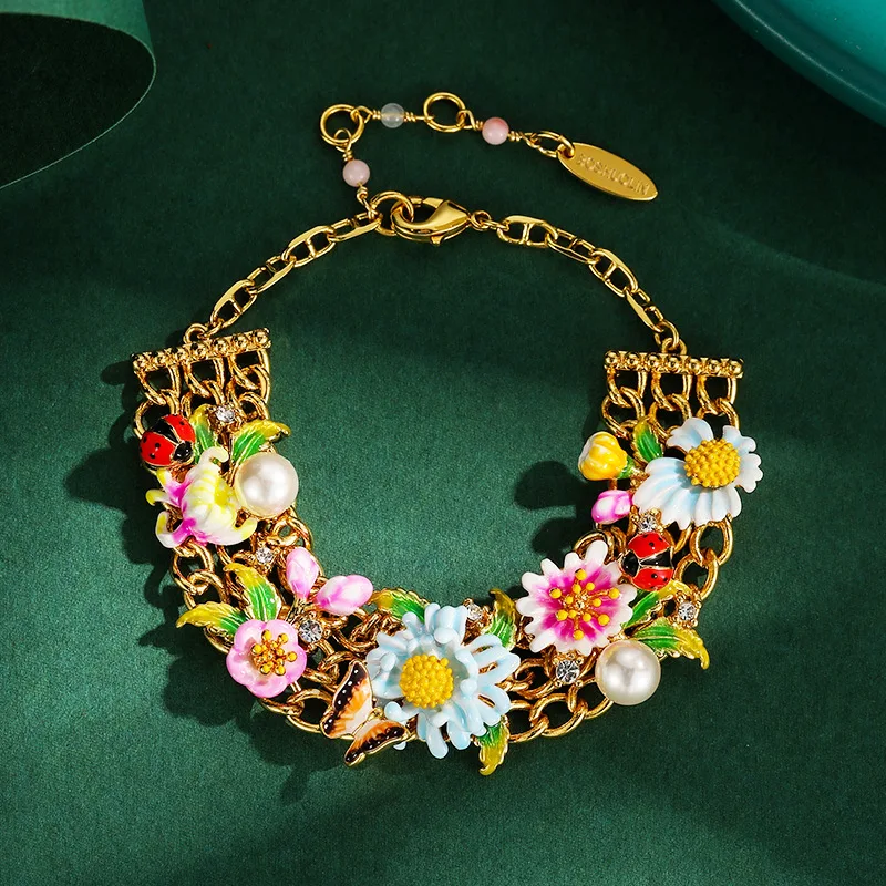 ArLea Beautiful Handmade Enamel Daisy Bracelet with Gradient Colors and Lady bug Bracelet Original Design Bracelet Party Gifts