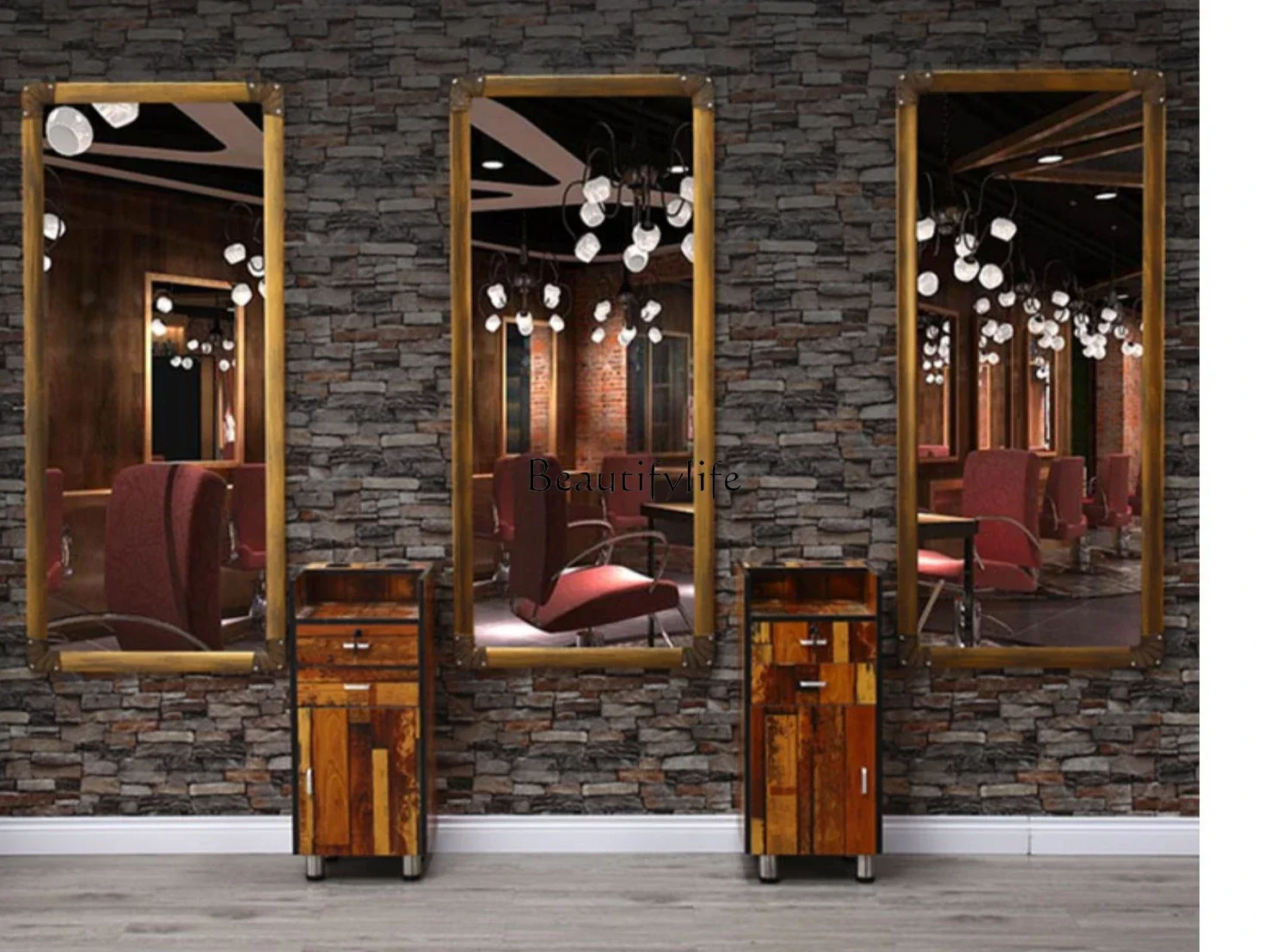 88.Hairdressing Retro Barber Shop Single-Sided Frame Hair Salon Fitting Hanging Mirror for Hair Salon
