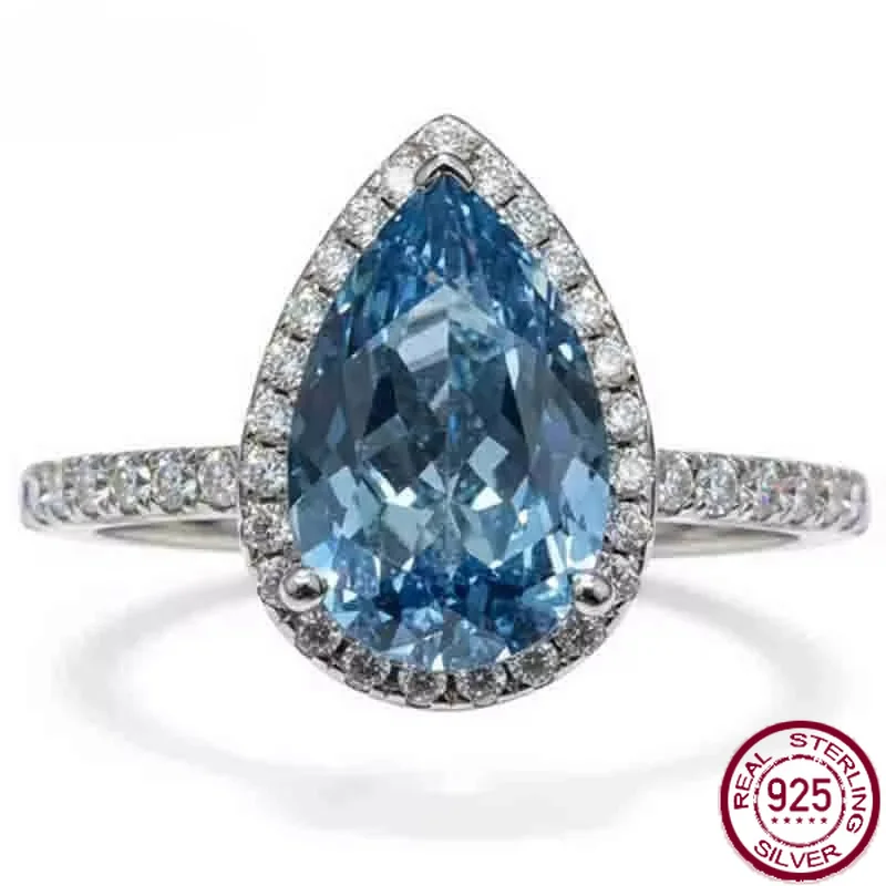 Anillo de piedras preciosas Yaranyan de plata de ley 925 con zafiro de laboratorio talla pera de 3 quilates, aguamarina, moissanita y diamante de alto carbono, joyería fina