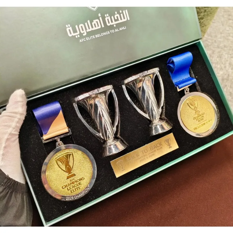2025-2026 AFC Champions League Elite Al Ahli Champions Signed Football Collectible Box With 2 Medals 2 Trophies 1 Nameplate