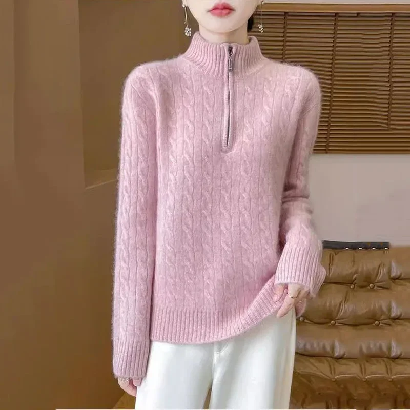 

Luxury Sweater Coat Women Autumn Winter 2025New Half-Open Zipper Knitwear Female Loose Twisted Collar Thick Pullover Ladies Tops