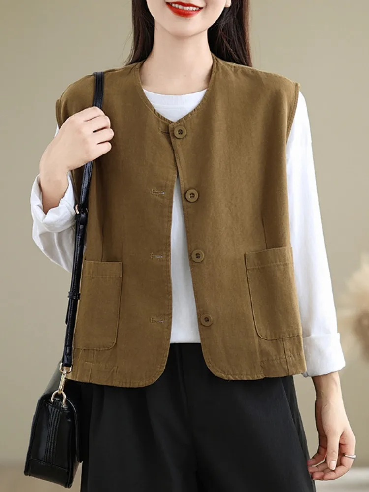 

Повседневный хлопково-льняной топ-майка женский с круглым вырезом, осенний, для многослойных образов, маленький размер, универсальный льняной жилет