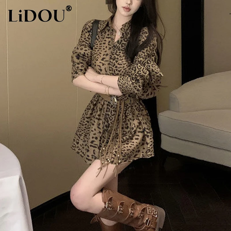 Primavera autunno Vintage stampa leopardo cintura vita Mini Vestido femminile manica lunga moda Casual camicia vestito donna bottoni Robe