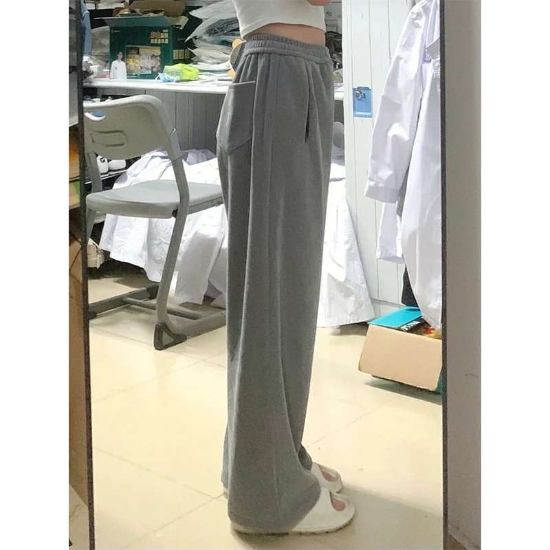 American sle fce forrado calças femininas inverno novo casual solto em linha reta ey calças esportivas tamanho pequeno calças de perna larga