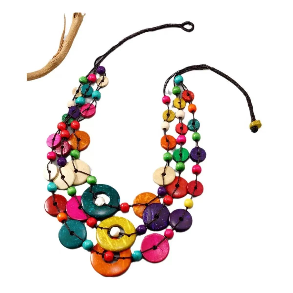 Bohemian ethnic style multi-layer colorful round coconut shell wood beads vintage fashion handwoven necklaces wholesale