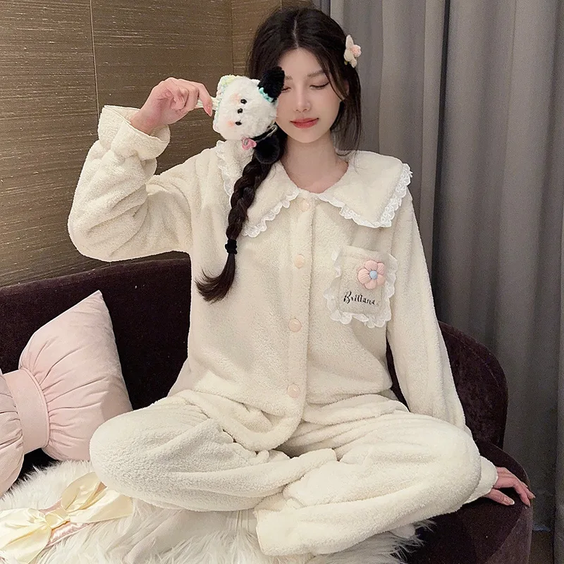 سميكة المرجان بيجامة من الصوف مجموعة المرأة الشتاء أفخم الفانيلا ملابس المنزل الكورية الحلو ملابس خاصة لينة الفانيلا سترة Pjs