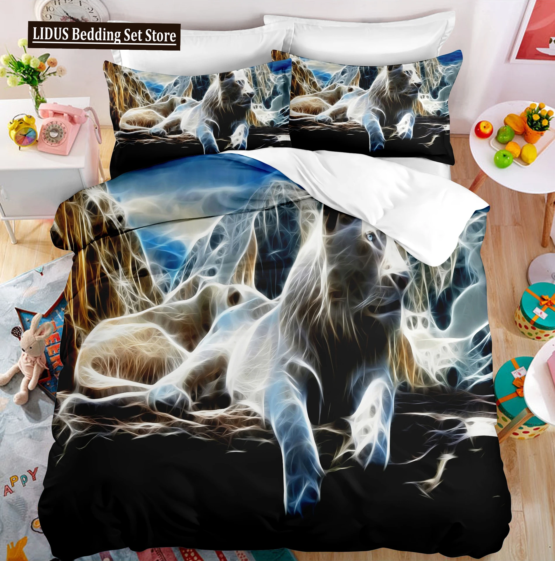 

Lion Duvet Cover Set Roaring Lion White Wild Animals Polyester Comforter Cover King Queen Size For Kids Adults Teen Bedding Set