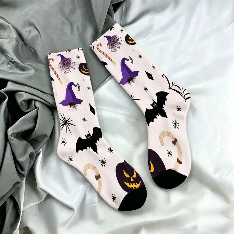 Blended Fabric Mid-Calf Socks, Novelty 3D Full Printed Halloween Graphic Socks, Funny Fashion Witch Hat And Bat Pattern