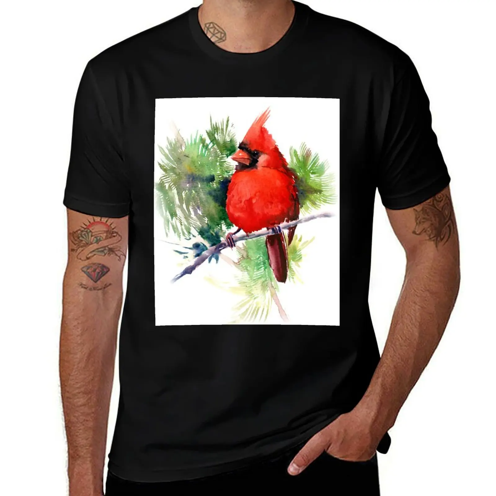 Red Cardinal Bird T-Shirt Heavy Duty Casual Work Tee T-Shirt