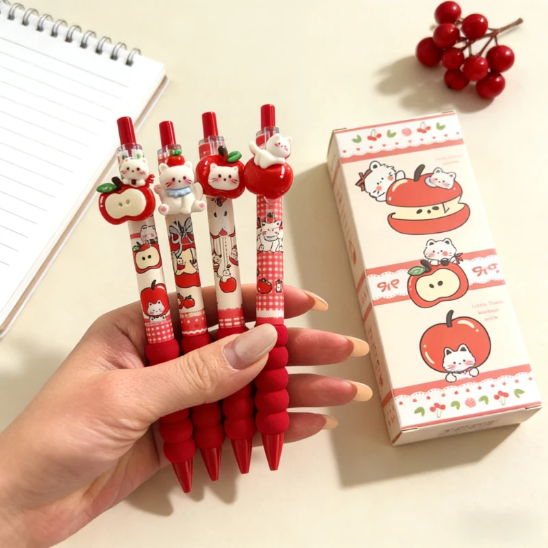 4Pcs Kawaii Apple Cat Gel Pen 0.5mm Black Ink Gel Pens Soft Grip Student Writing Pen Cute Stationery School Office Supplies image 2
