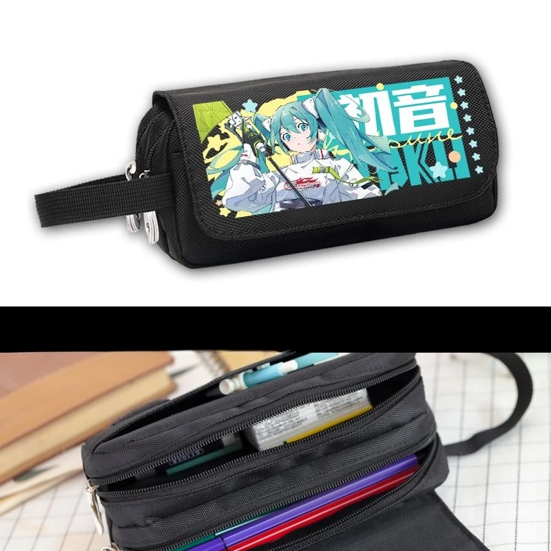 กล่องเครื่องเขียนฮัตสึเนะ มิคุแบบใหม่ พิมพ์ลายการ์ตูนคุณภาพสูง ความจุขนาดใหญ่ พกพาสะดวกสำหรับนักเรียน กล่องดินสอผ้าแคนวาสกันเปื้อน