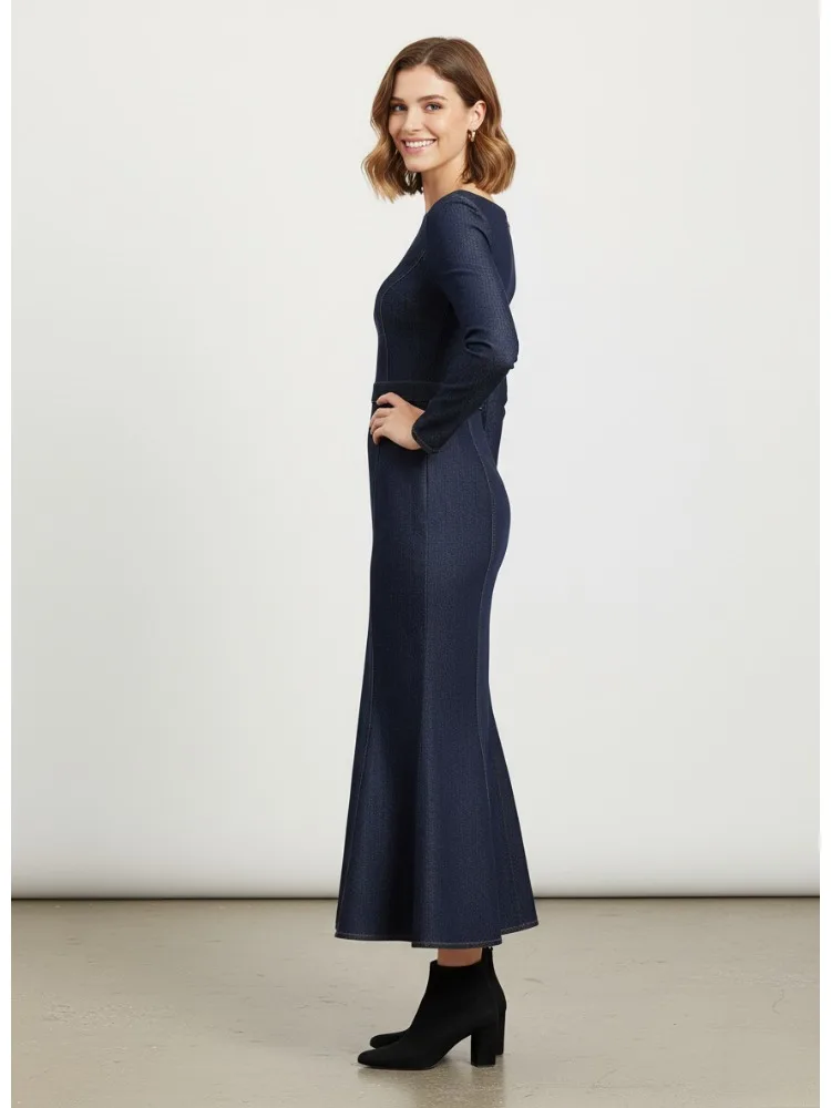 Freeacy 여성용 네이비 데님 미디 드레스 라운드 넥 긴 소매 인어 헴 피트 우아한 캐주얼 드레스 슬림 피트 파티 드레스