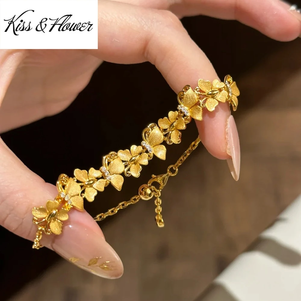 KISS&FLOWER 24KT Gold Shiny Butterfly Bracelets For Women Wedding Party Birthday Christmas Bride Mother Girl Ladies Gifts BR413