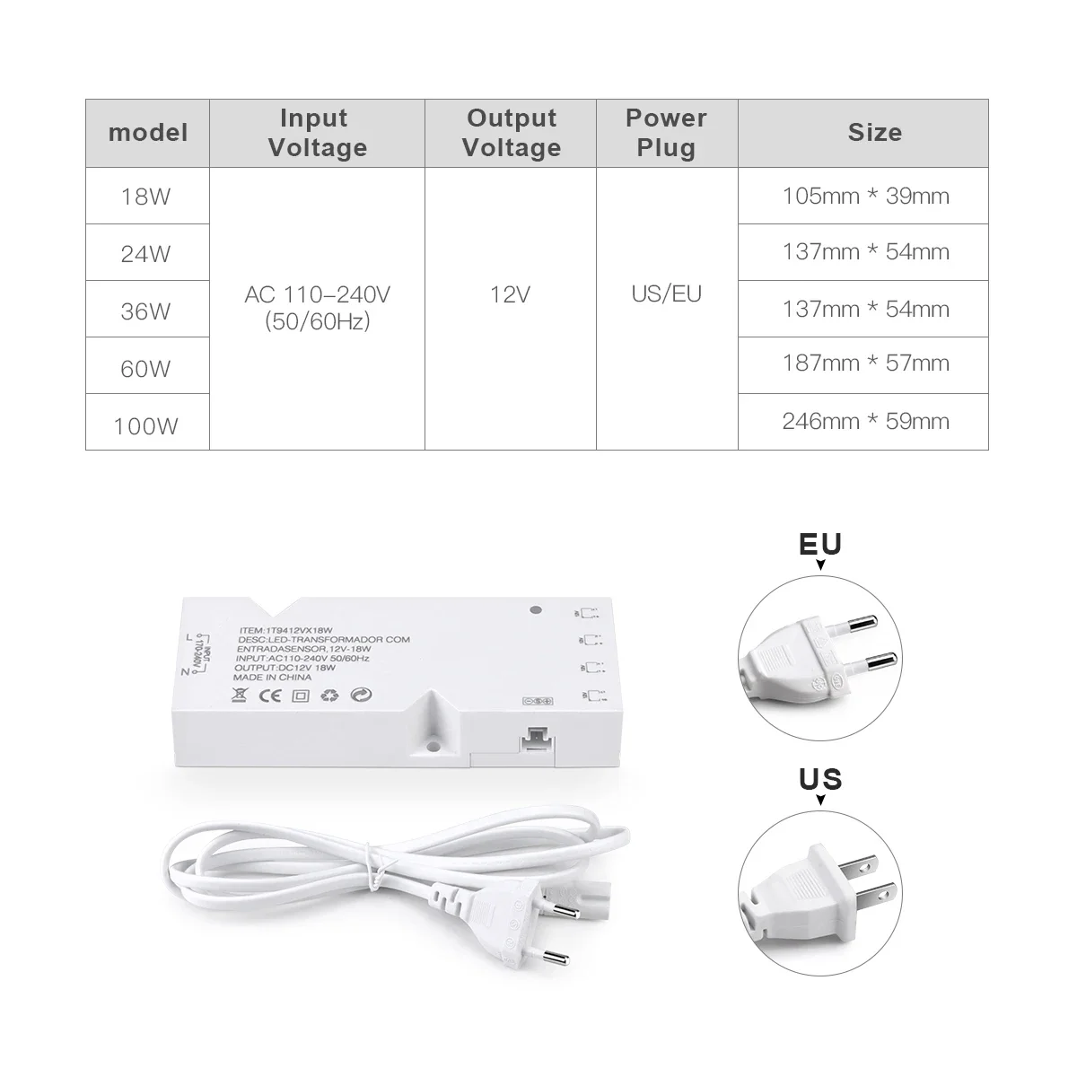 AC/DC Power Transformer Converter+Penetrate Touch Dimmable Switch 12V Lighting Adapter for LED Strip/LED Tube 4-10 Dupont Ports