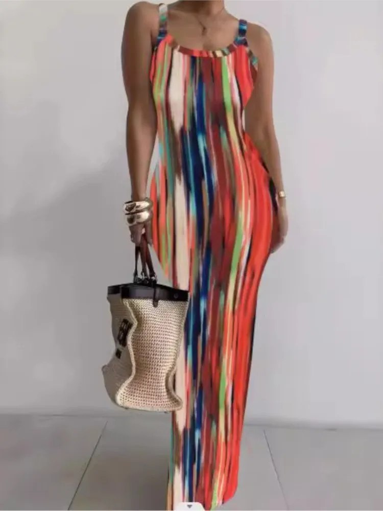 Color Tie Dye Print Spaghetti Strap Long Dresses Women Fashion Trendy Package Hip Bodycon Dress Female Streetwear Club Vestidos