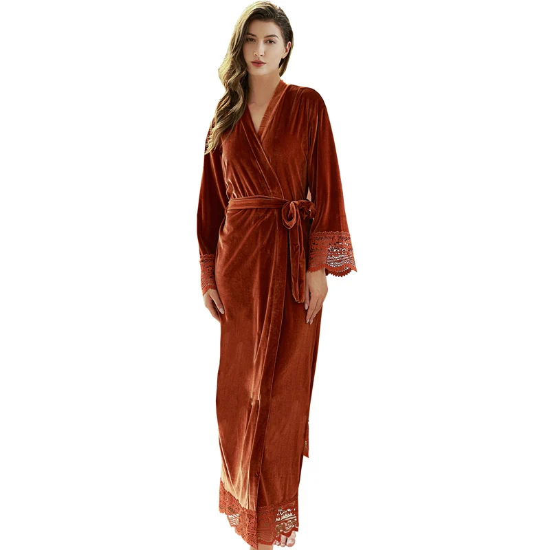 

Sleepwear Dressing Gown Nightdress Autumn Winter Velvet Nightgown Kimono Robe Sexy Lace Long Nightwear Bathrobe Loose Home Wear