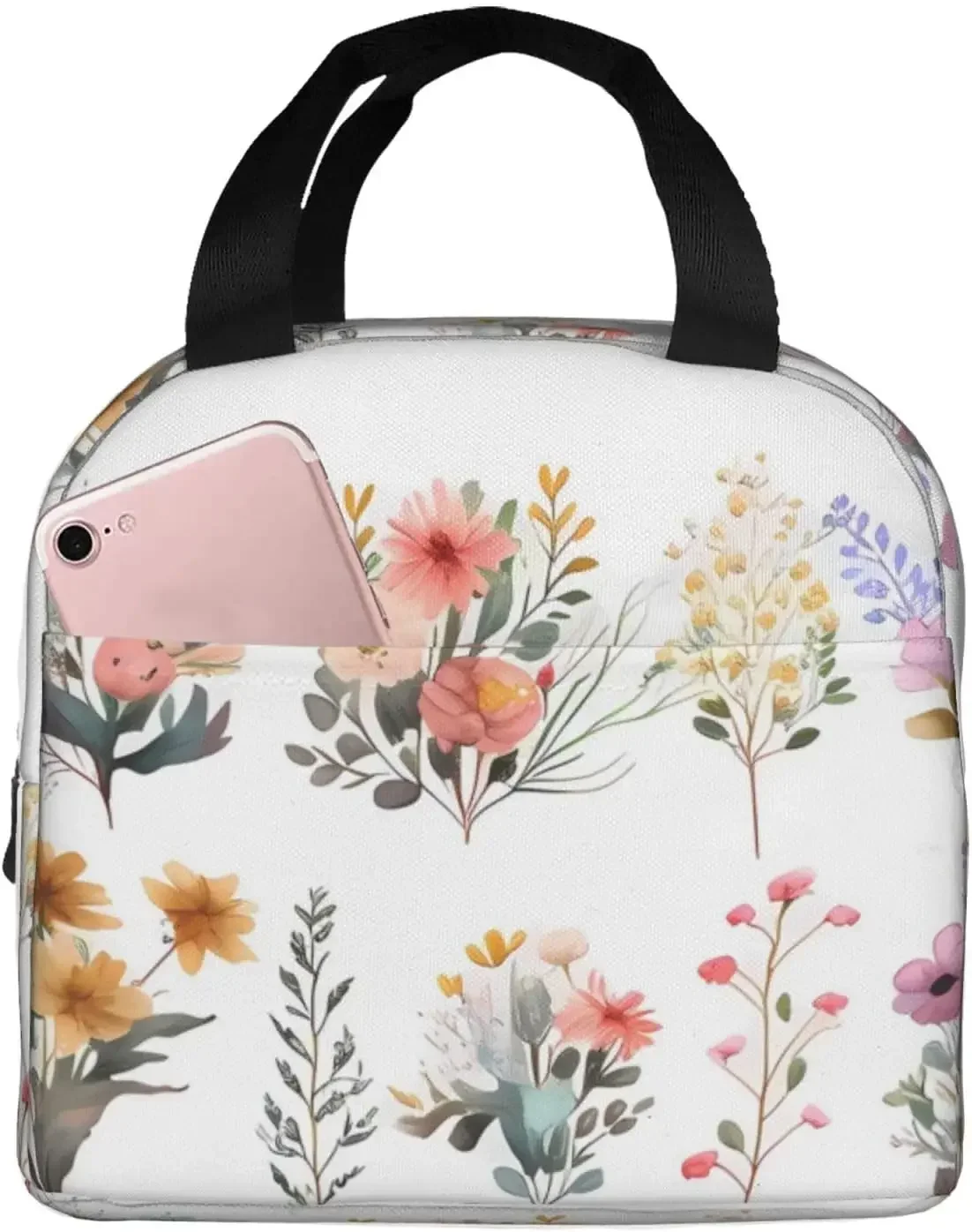 Bouquet Set Handdrawn Wildflowers Insulated Lunch Bag  Thermal Freezable lunch Tote Waterproof Bento Lu nch Box Women Men L unch