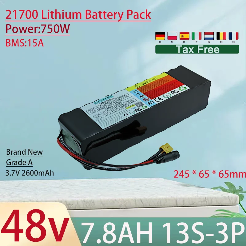 

48V 7.8Ah 18650 13S3P Lithium Ion Battery Pack 750W Power Tool Batteries Outdoor Backup Batteries With 15A BMS