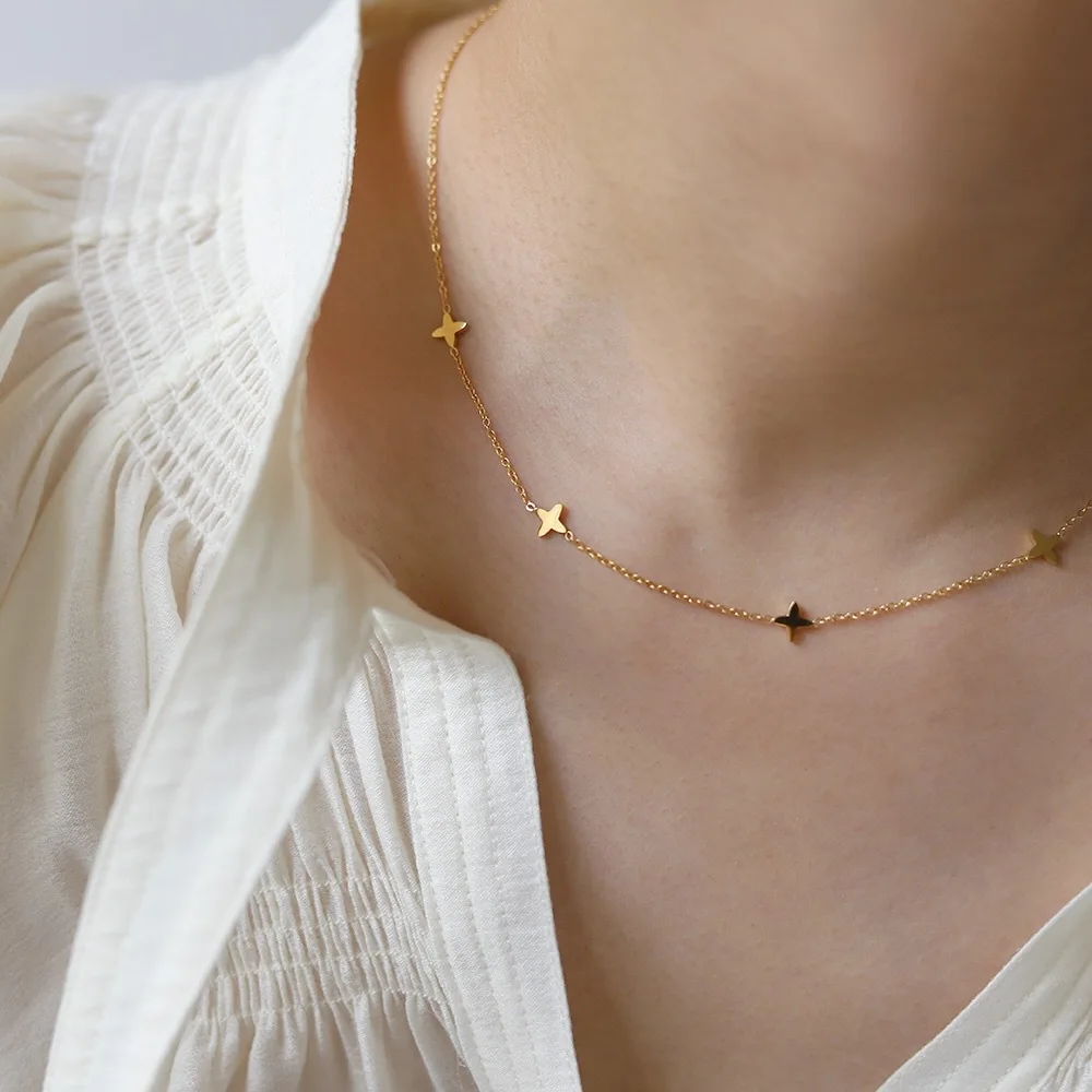 Stack Simple Flowers Stainless Steel Gold Color Necklace for Women 18K PVD Plated Chic Jewelry
