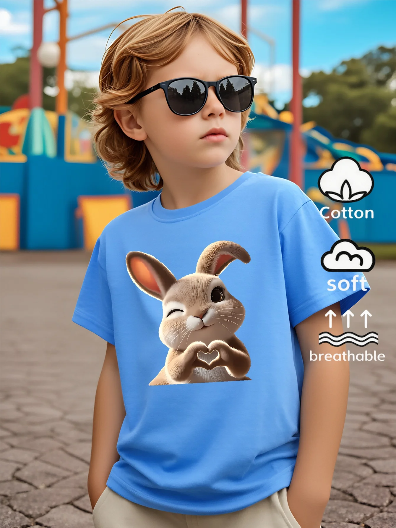 Children's T-shirt Cute Rabbit Heart Gesture Pattern Print Fun Summer Design Playful Children's Clothing Parent-child Outfit