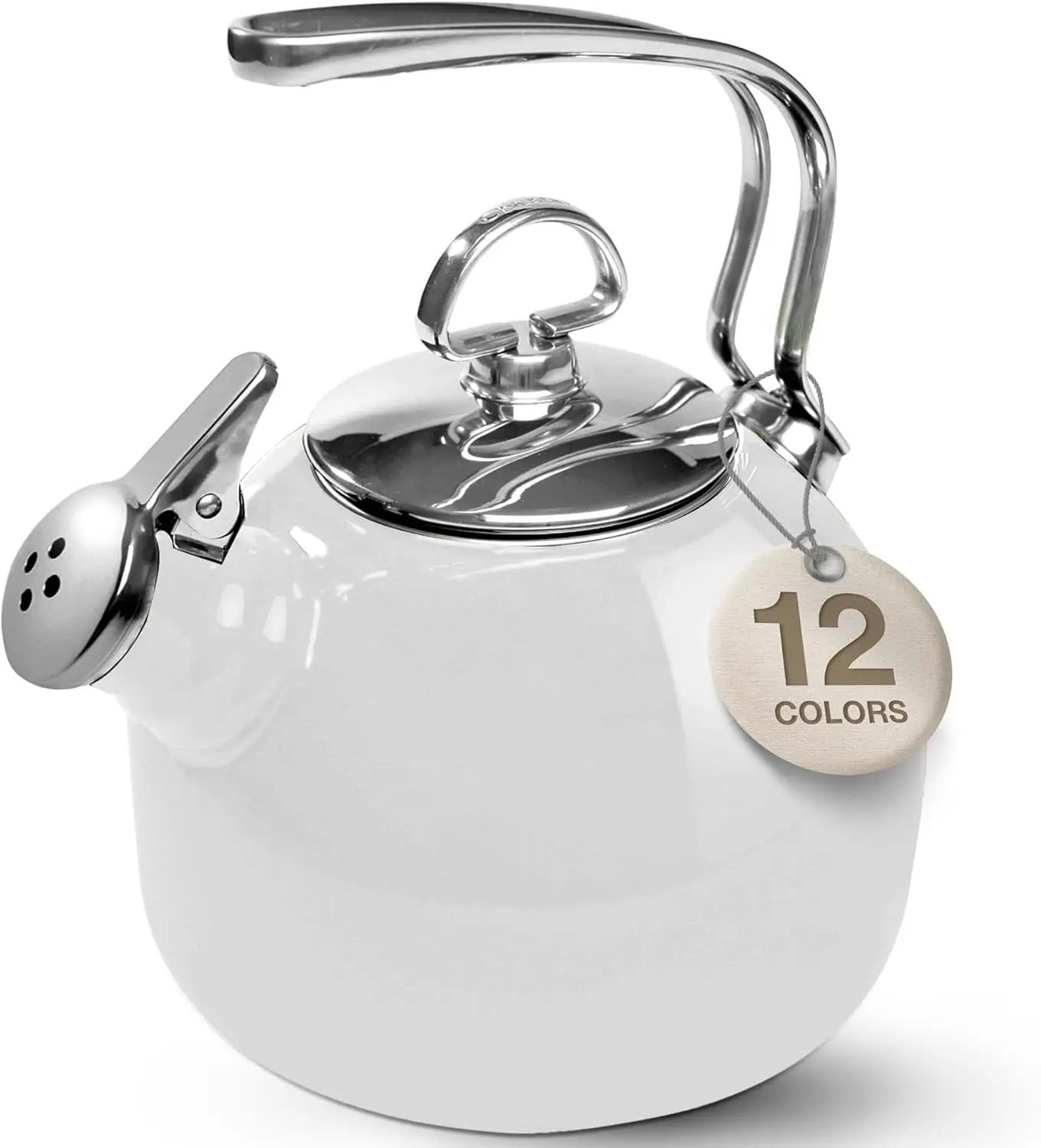 

Classic Teakettle, 1.8 QT, Enamel On Steel, 2-Tone Harmonica Whistle, Rapid Boil and Even Heating (White)