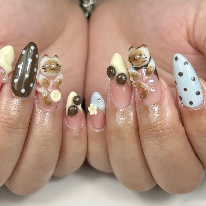 24pcs Press on Nails Featuring Cute 3D Designs of Cats Flowers and Stars in An Almond Shape Perfect for Girls Everyday Wear