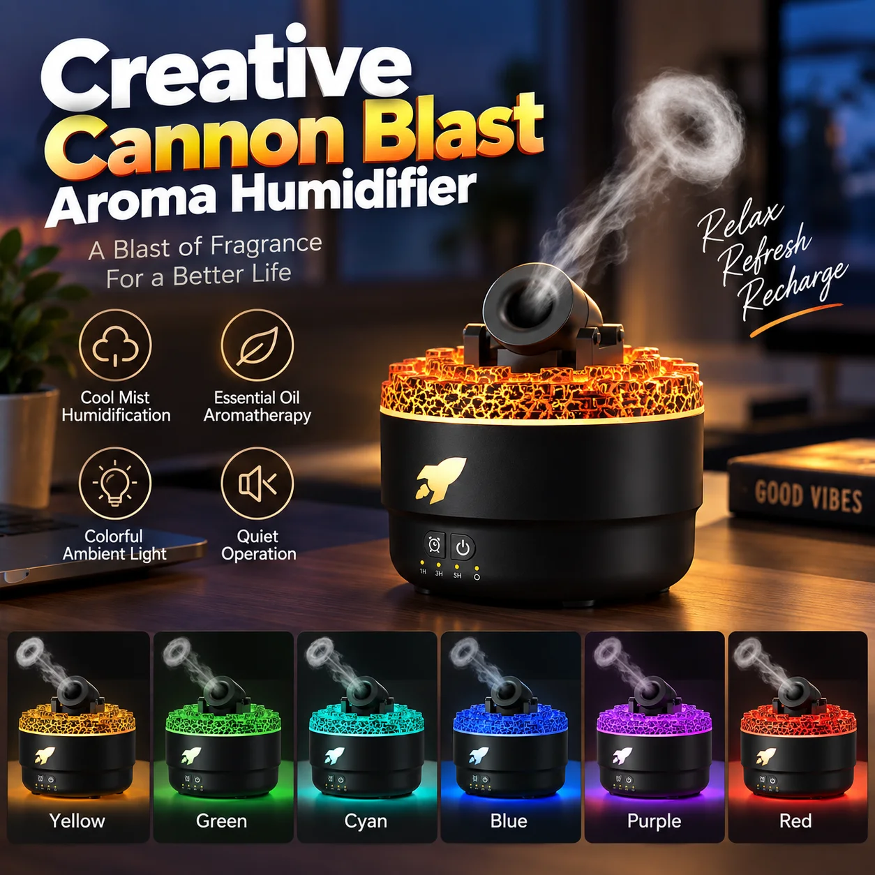 Creative Cannon Blast Aroma Humidifier Essential Oil Diffuser with Colorful Light Aromatherapy Humidifier Home Aroma Diffuser