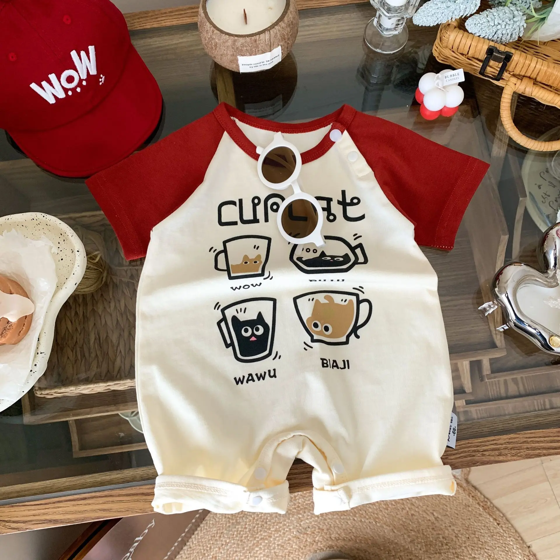 Somenie Summer Baby Climbing Suit Plugged Shoulder Onesie Korean Version Onesie Cartoon Color Matching Cute Baby Romper