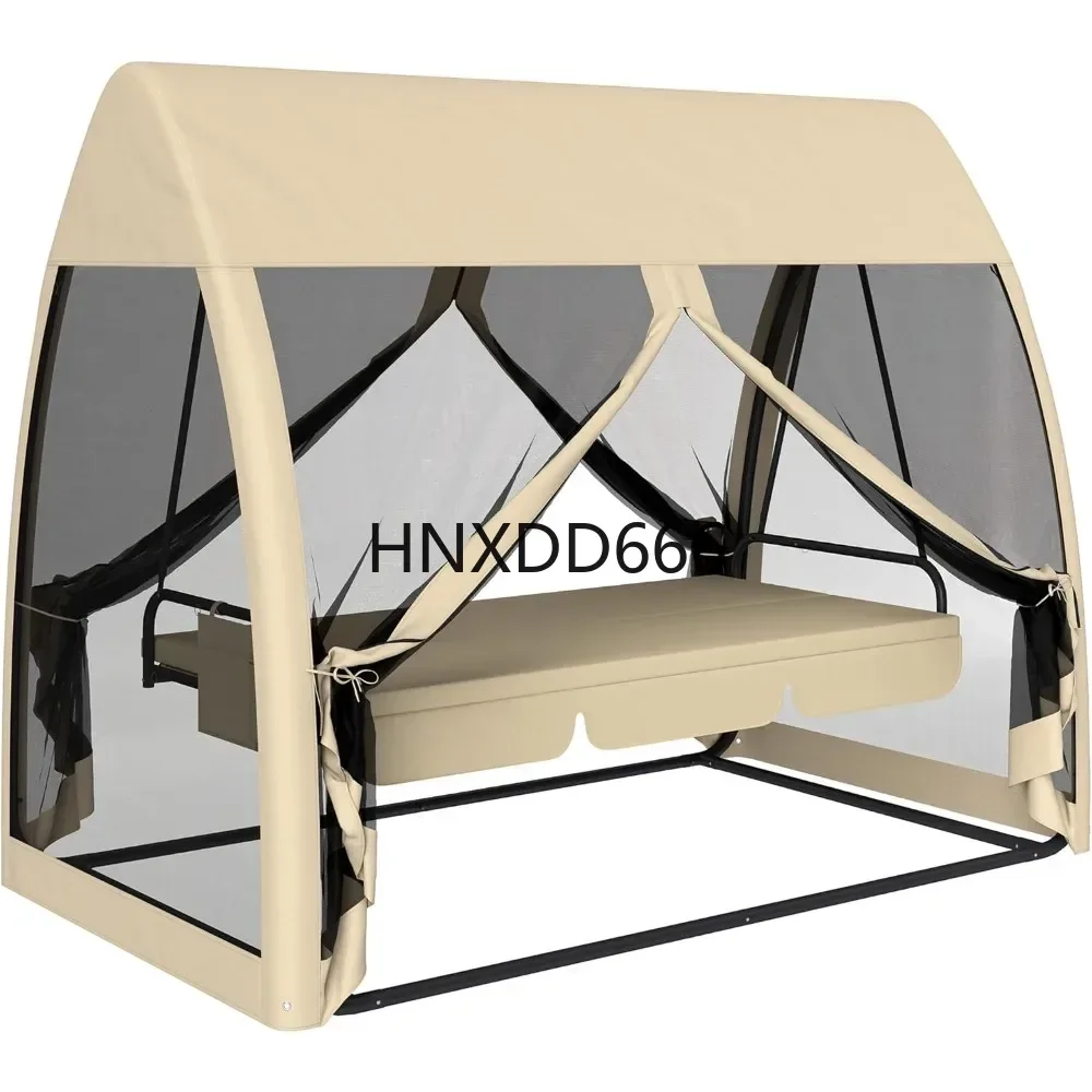 

3-Seat Patio Swing Chair,Porch Swing Bed with Convertible Backrest, Cushion, Canopy, Side Pocket Mesh Netting，