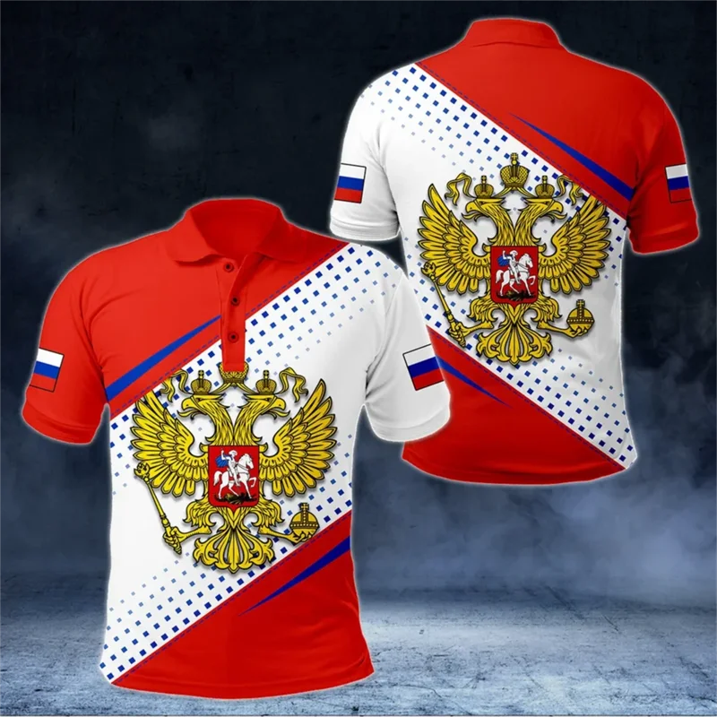 Russia National Emblem Print Summer Button Lapel Men\'s Polo Shirts Casual Tops Russian Flag Pattern Casual Trend Men Clothing