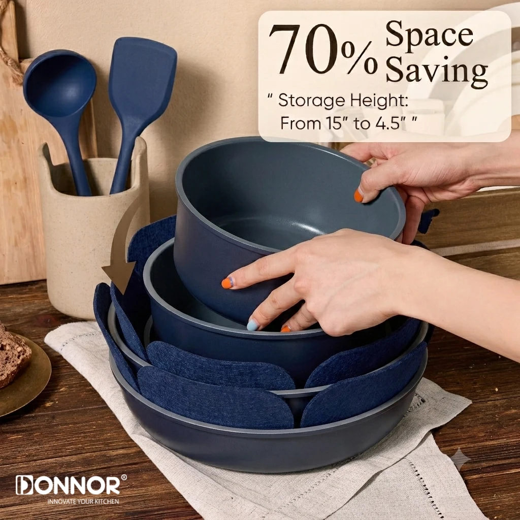 Donnor 19PCS Non‑Stick Pots Pans Set Capsule Bottom Stackable with Silicone Lids PFOA Lead‑Free 20/24/28/32cm Pots 28cm Pan