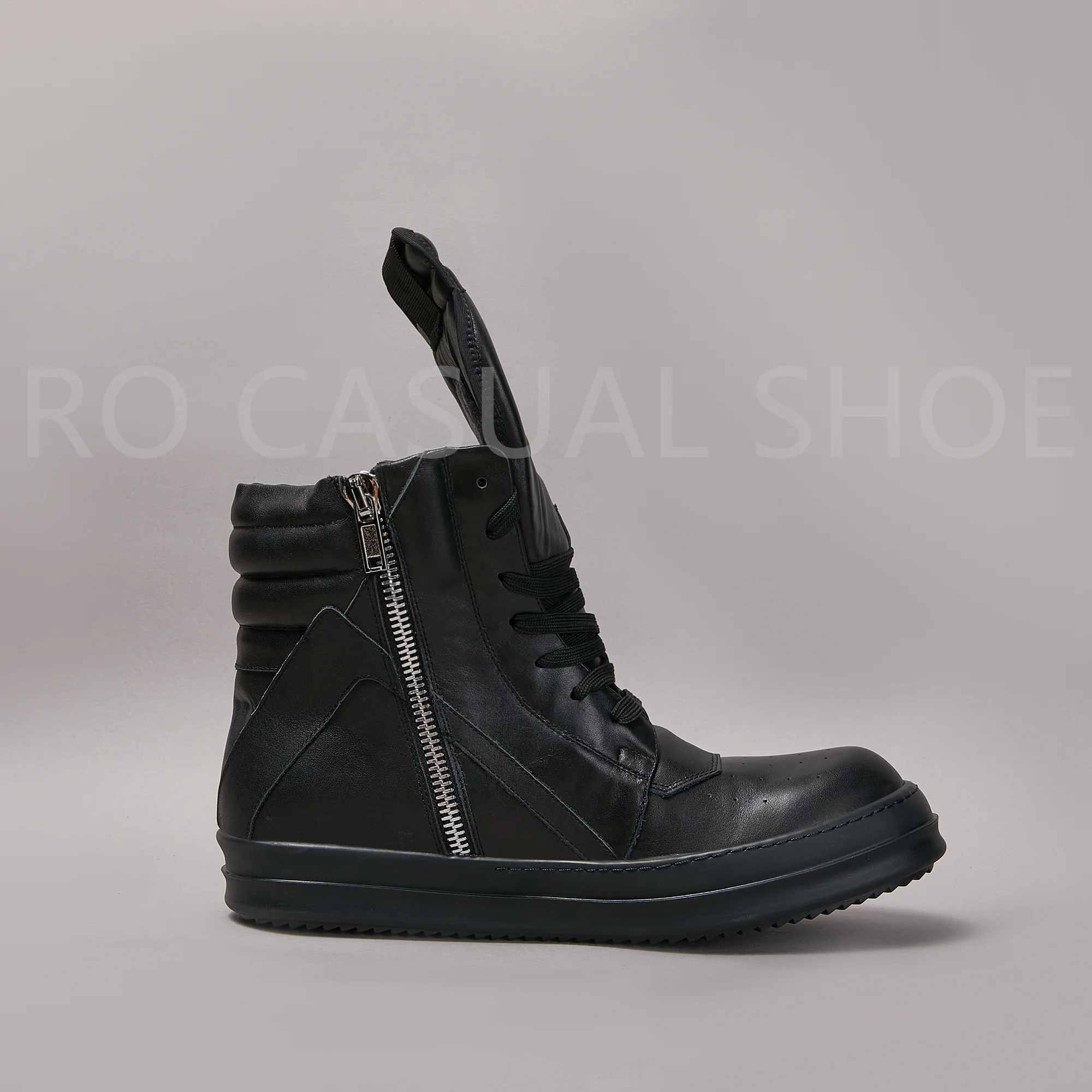 Ricks Genious FullBlack Leather High Top Geobasket Owens Quality Men Shoe Zipper Women Sneaker Casual Owens Design boots & Shoes