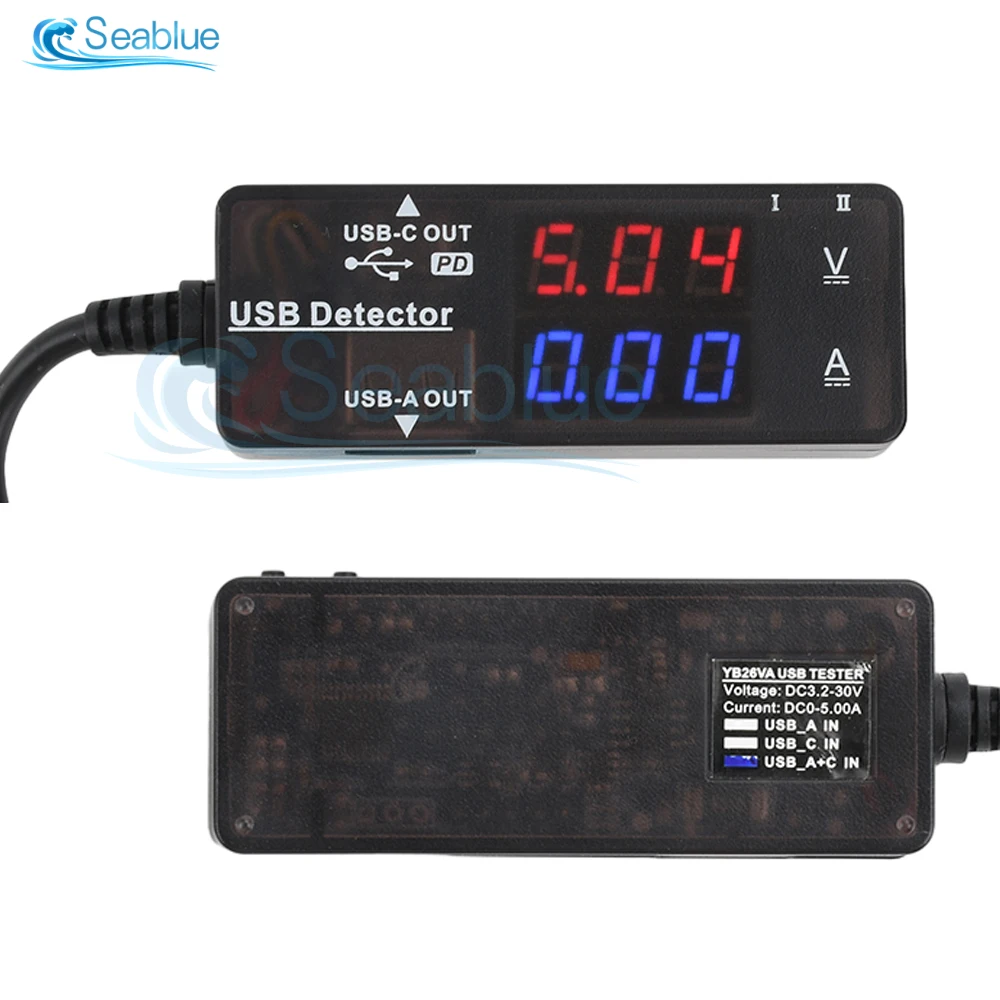 2 in 1 DC 3.2-30V 0-5A Multi-function Digital Display DC Voltage Ammeter Power Meter USB Phone Charging QC2.0 QC3.0 Tester