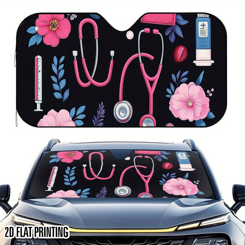 

1pc White Medical-Themed Car Sunshade With 4 Suction Cups - -Friendly Stethoscope & Pill Design, Easy Install, Fit For Cars, Ide