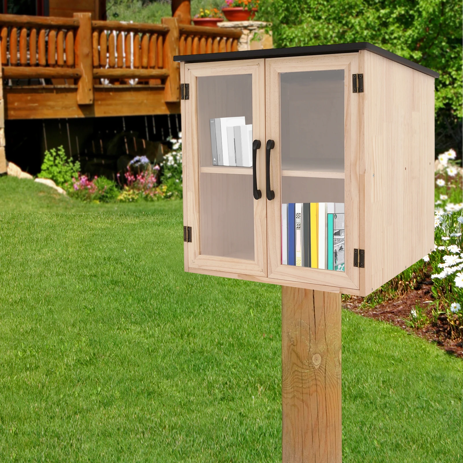 

Log-colored Pine 47x47x47cm Double-decker and Double-door Bookcase Inclined Top Dustproof Book Sharing Book Exchange Cabinet