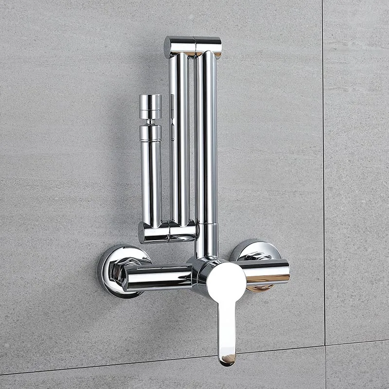 

Single Handle Kitchen Folding Sink Faucet Wall Mount 2 Mode Rotatable Vessel Sink Faucet Dual Hole Hot and Cold Mixer Tap Chrome