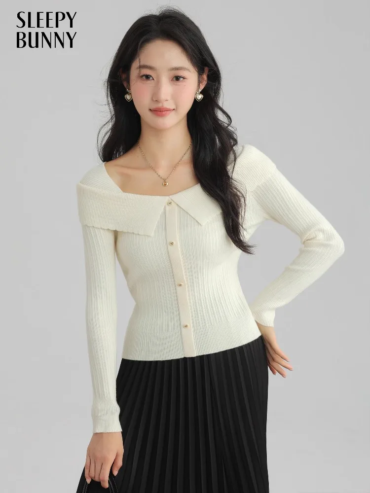 

Elegant Off Shoulder Knit Top Women Slim Long Sleeve Sweater Creative Layered Collar Design Autumn Casual Pullover Undershirt